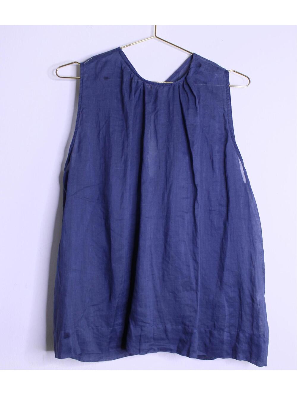 Navy Blue Ramie Linen Sleeveless Keyhole Blouse - Large